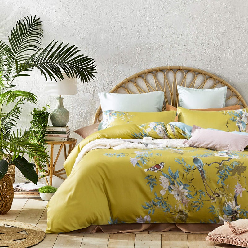 Eikei Exotic Modern Floral Print Bedding Birds Flowers Dusty Grey Design 100% Cotton Duvet Cover 3pc Set Hibiscus Blossom Branches in Muted Gray Blue (Queen, Citronelle Green) - Image 1